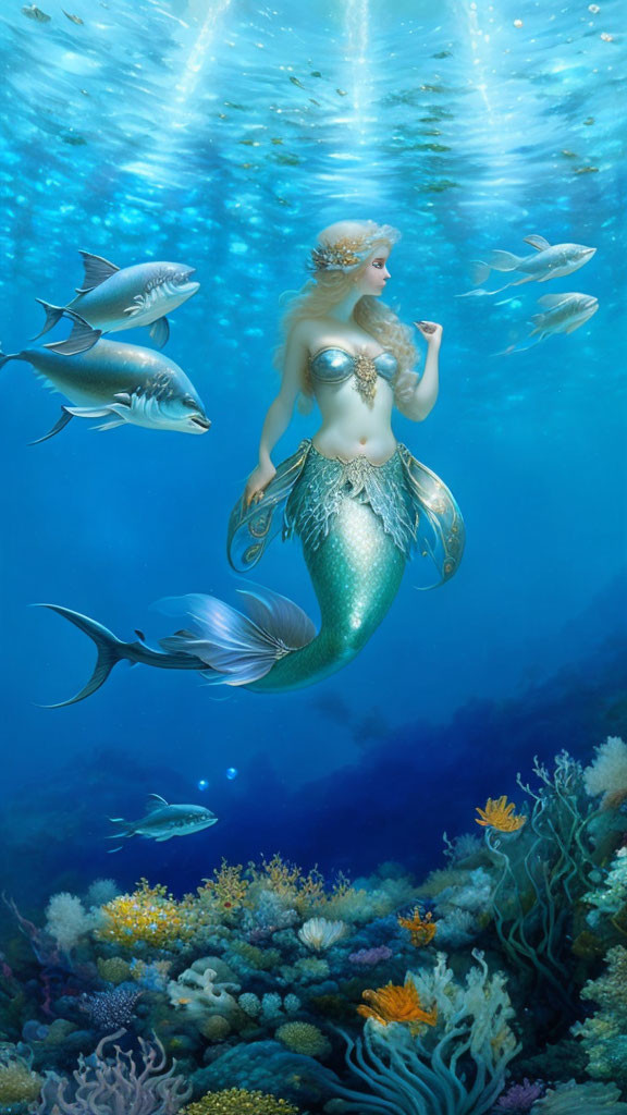 Mermaid with Green Tail and Golden Hair Surrounded by Fish and Coral underwater