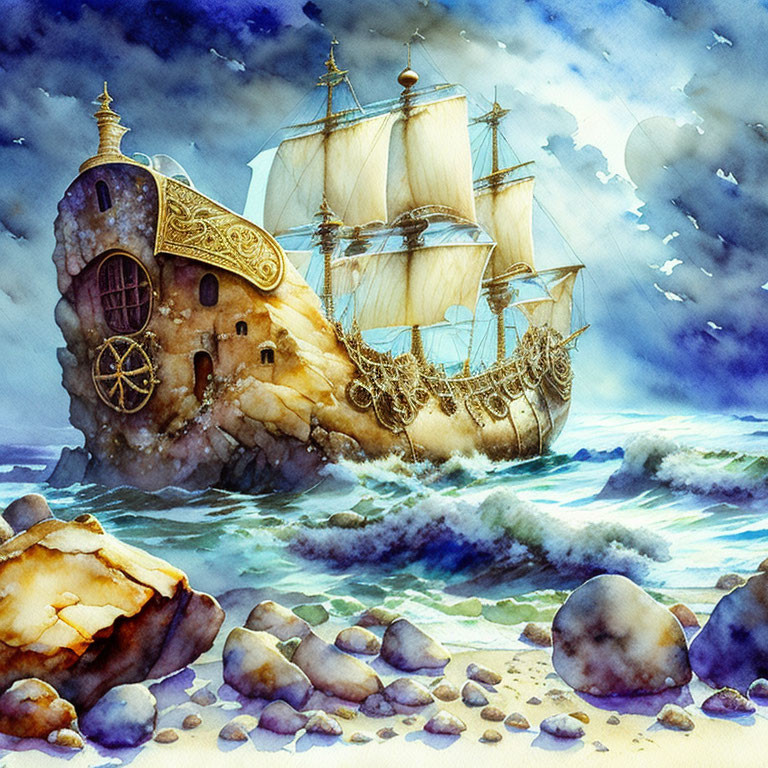 Vibrant watercolor artwork: Ship merged with turtle on stormy beach