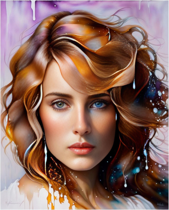 Digital portrait of a woman with flowing hair and abstract colorful elements on lilac backdrop