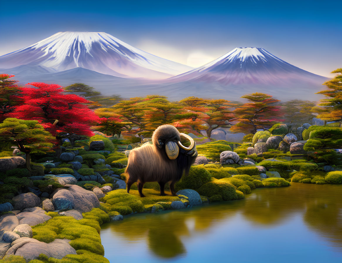 Tranquil landscape with ram by pond, autumn trees, snow-capped mountains