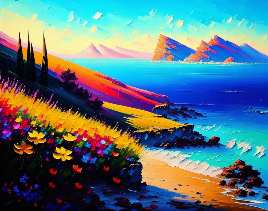 Colorful seascape painting: beach, flower-covered cliffs, calm sea, dynamic sky.