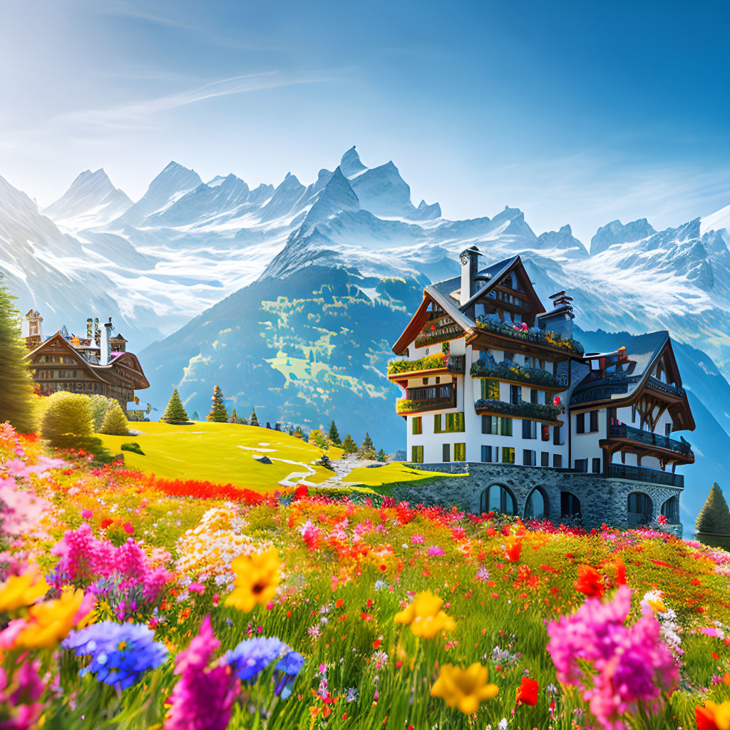 Scenic Swiss chalet amidst wildflowers and Alps.