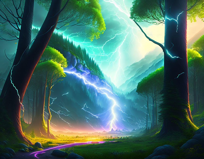 Vivid Fantasy Landscape with Lightning Storm and Glowing River