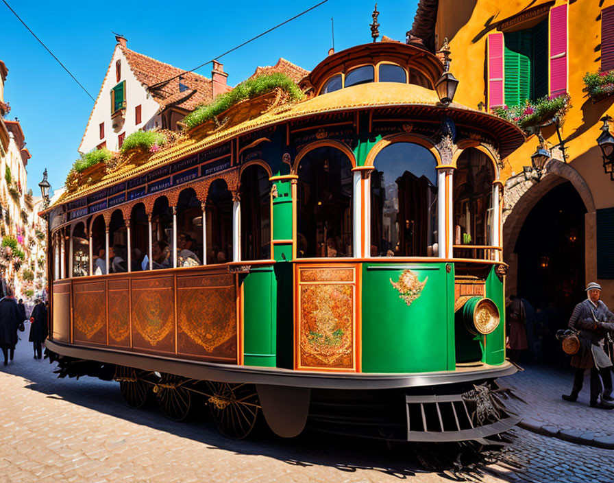 Vintage-style Tram on Cobblestone Street with Colorful Buildings