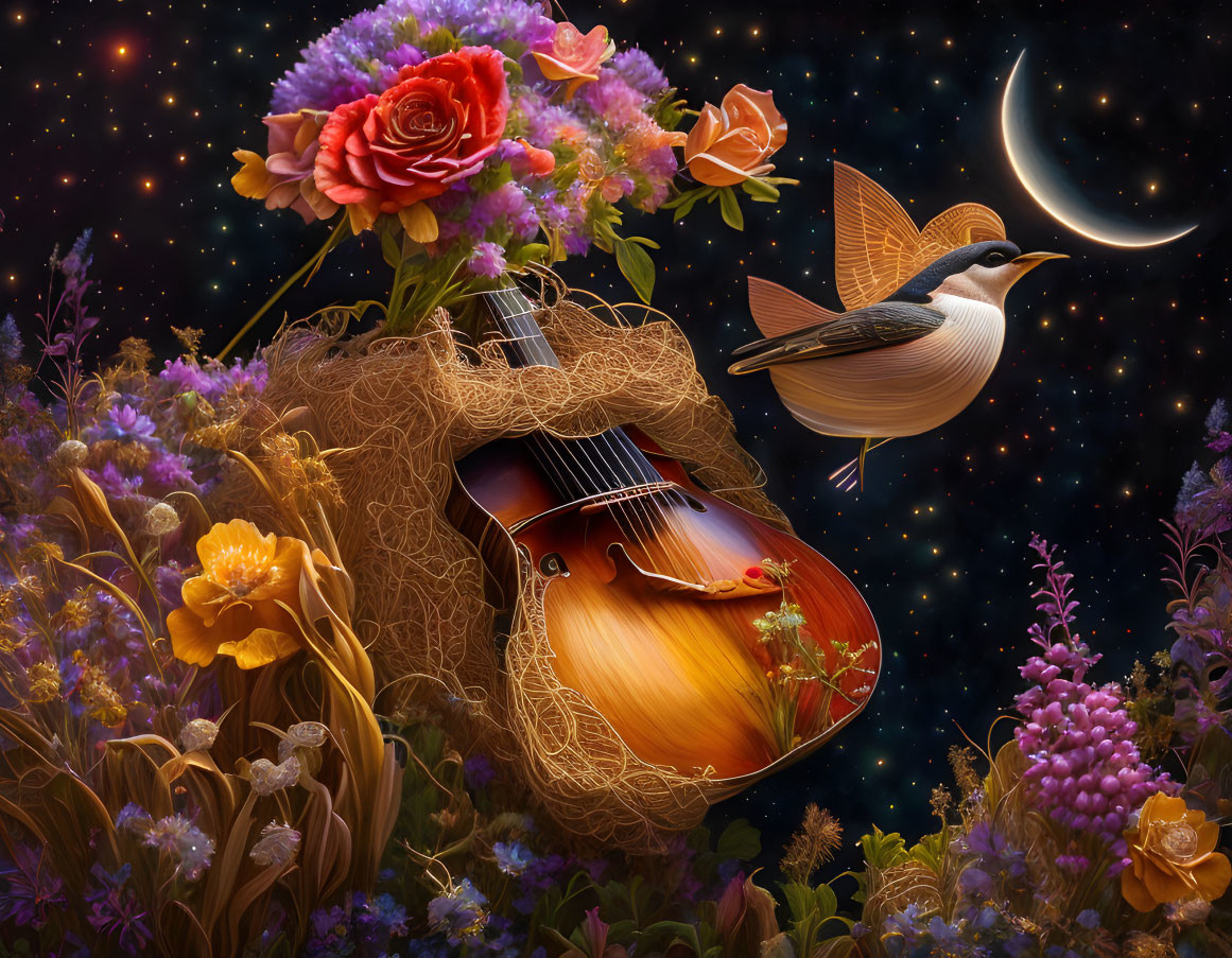 Violin intertwined with flowers, nest, bird, starry sky, crescent moon