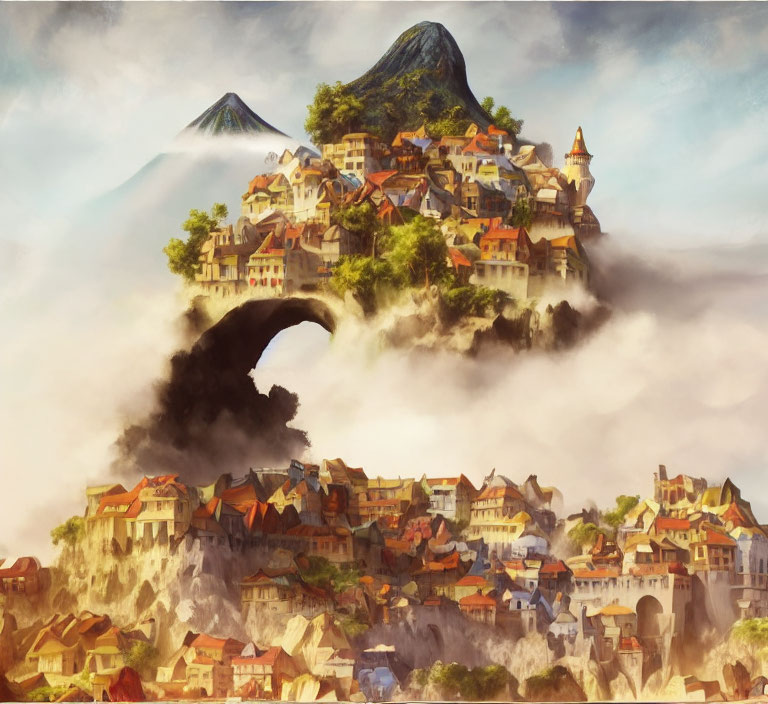 European-style architecture in fantasy floating village amidst clouds with twin mountain peaks.