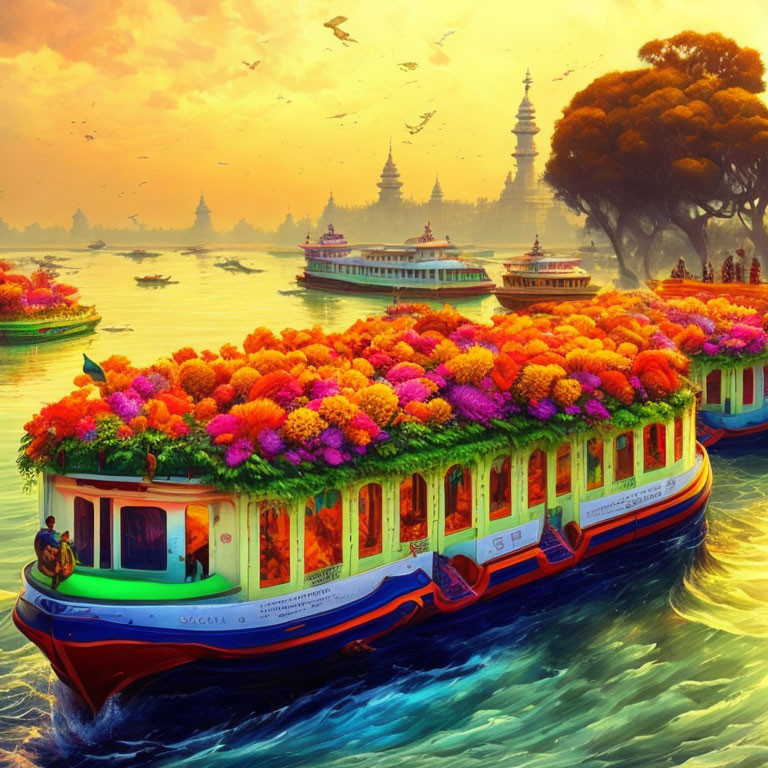 Colorful Flower-Adorned Boats on River at Sunset