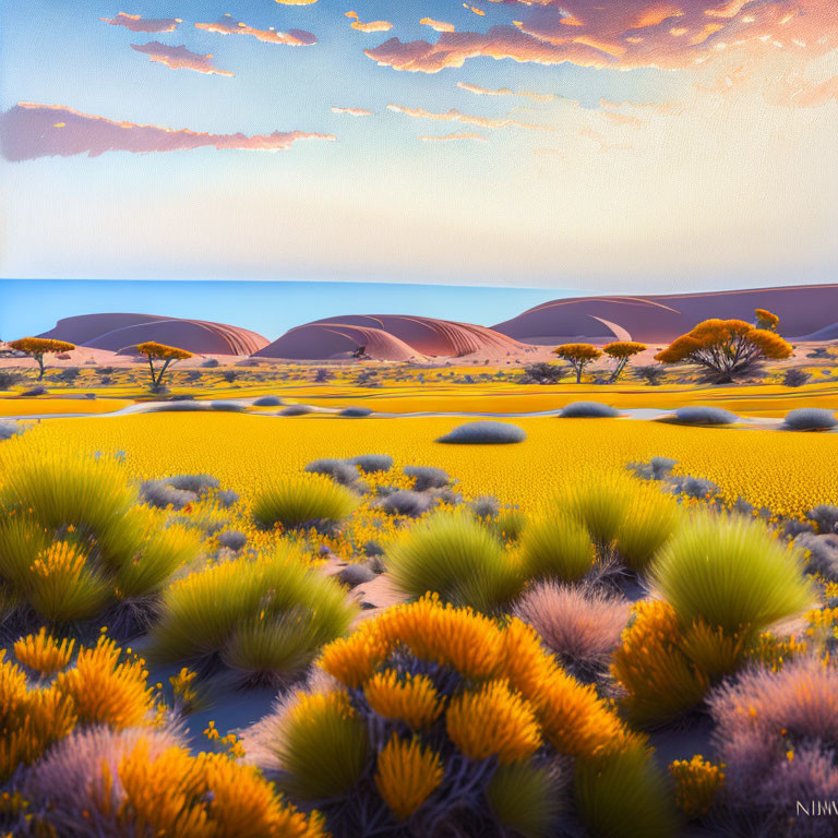 Sunset desert landscape with sand dunes, shrubs, and pastel sky