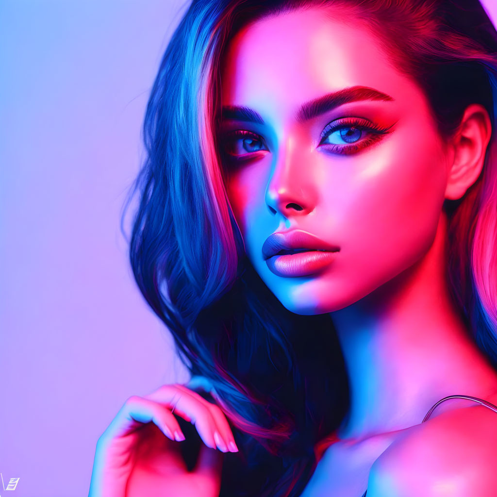 Portrait of woman with neon glow, bold makeup, wavy hair on vibrant blue and pink backdrop