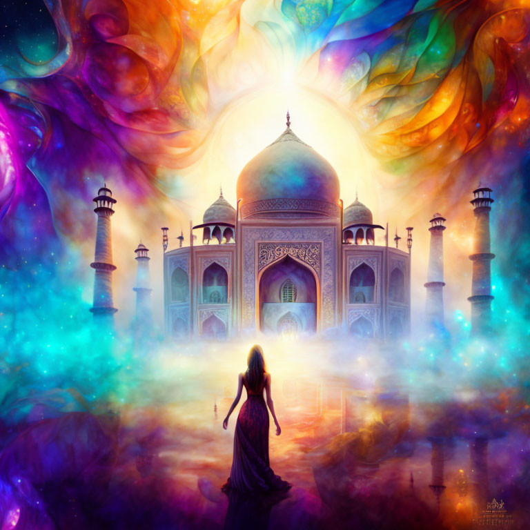 Woman in dress admiring Taj Mahal under vibrant sky