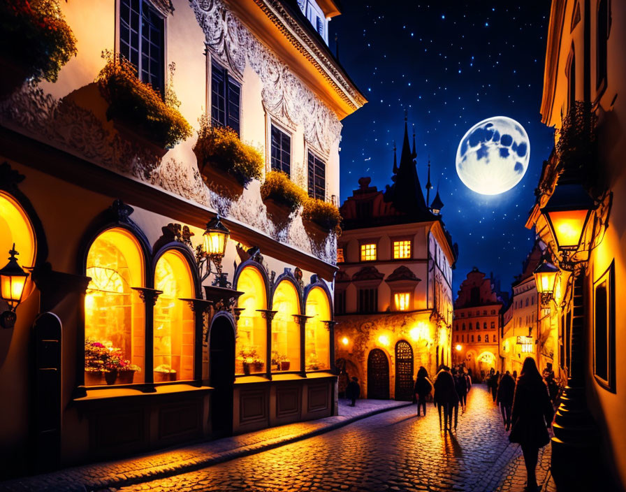 European Cobblestone Street Night Scene with Full Moon and Illuminated Storefronts