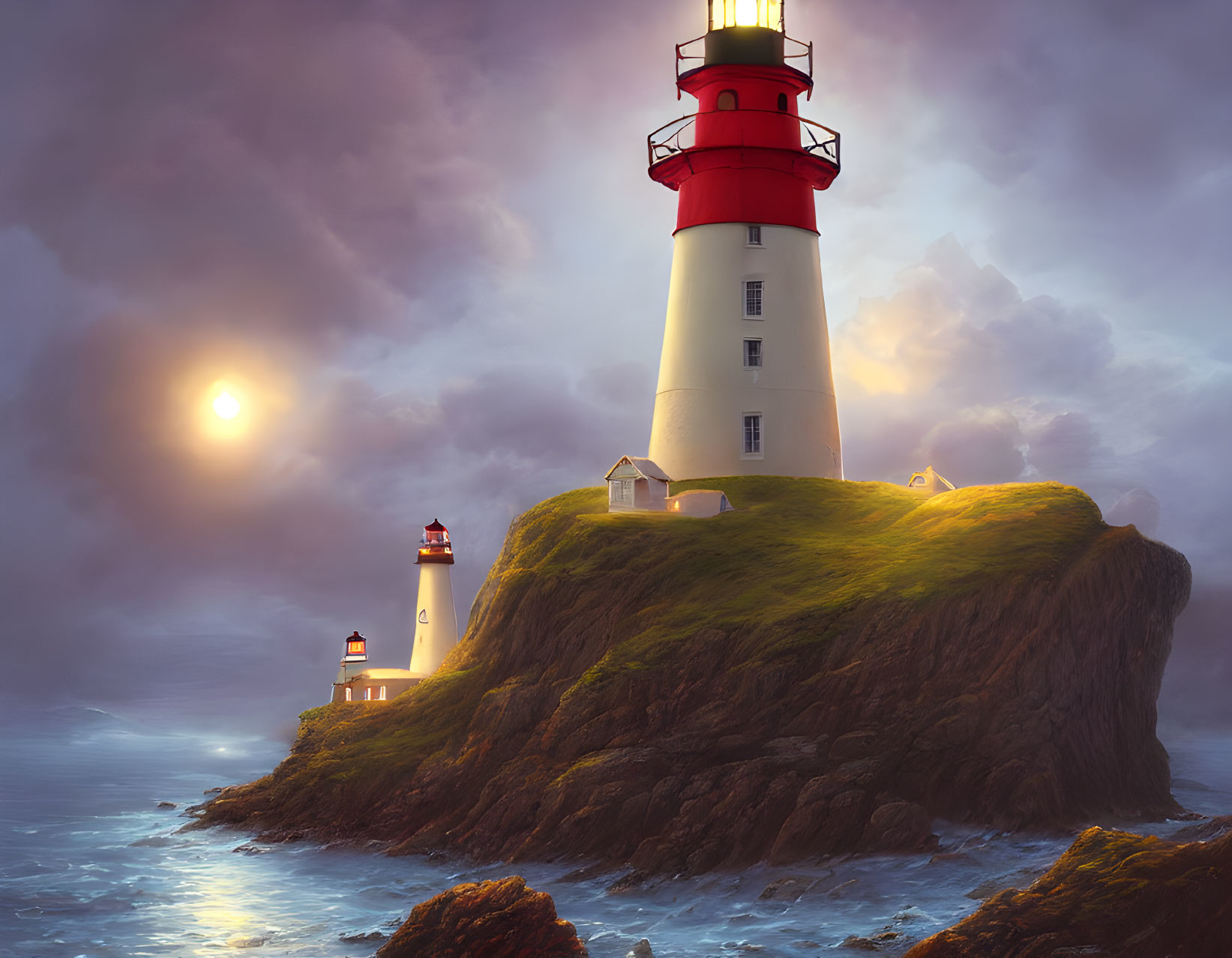 Red and White Lighthouse on Cliff with Dramatic Sunset Sky