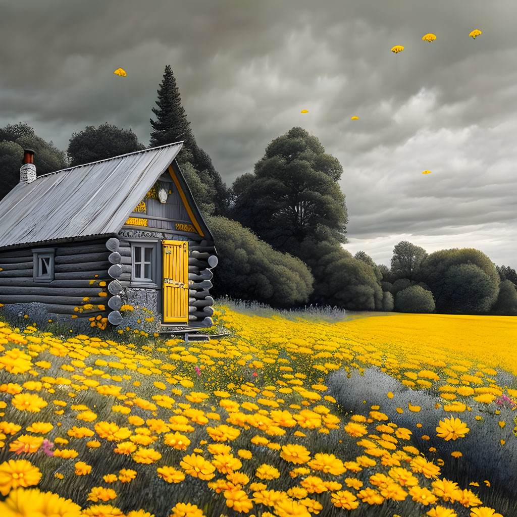 Yellow-windowed wooden cabin in a field of yellow flowers with forest backdrop