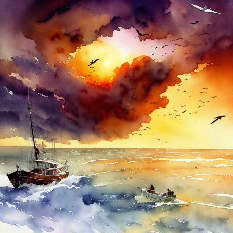 Sunset at sea watercolor painting with boat and dinghy in waves