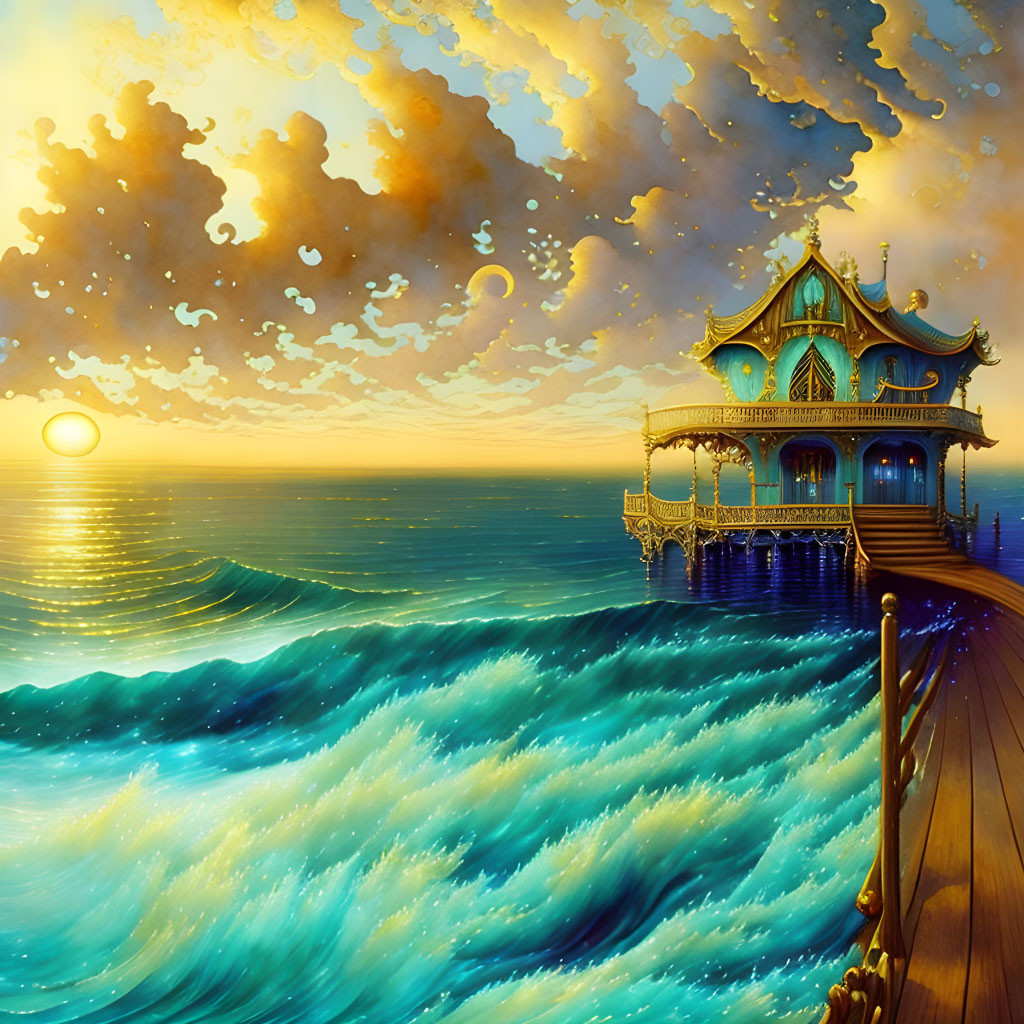 Ornate houseboat on vibrant sea with sunset sky and wooden pier