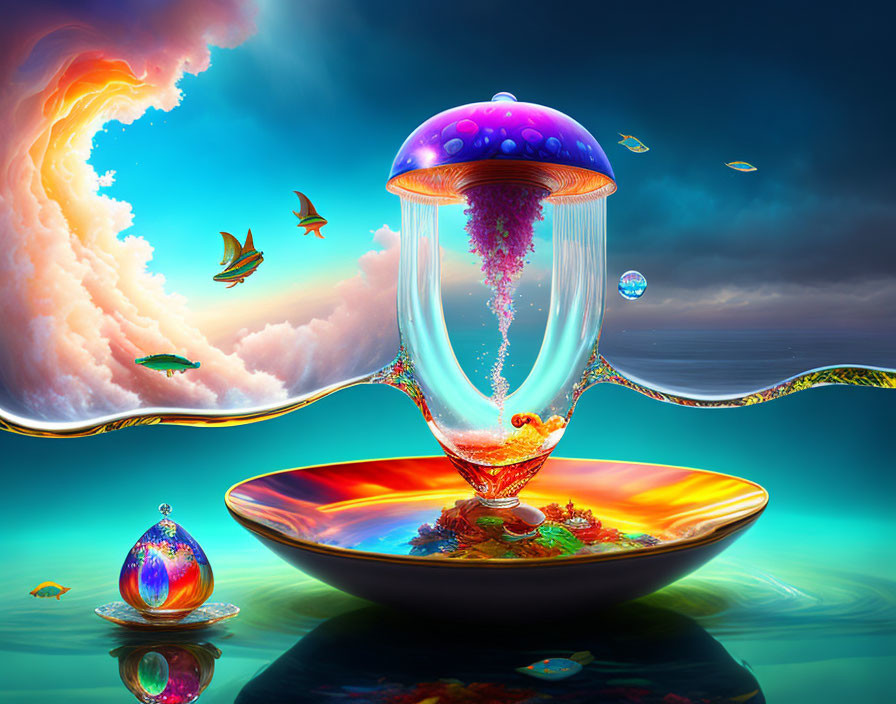 Vibrant surreal artwork: jellyfish in transparent vessel, colorful skies, flying fish