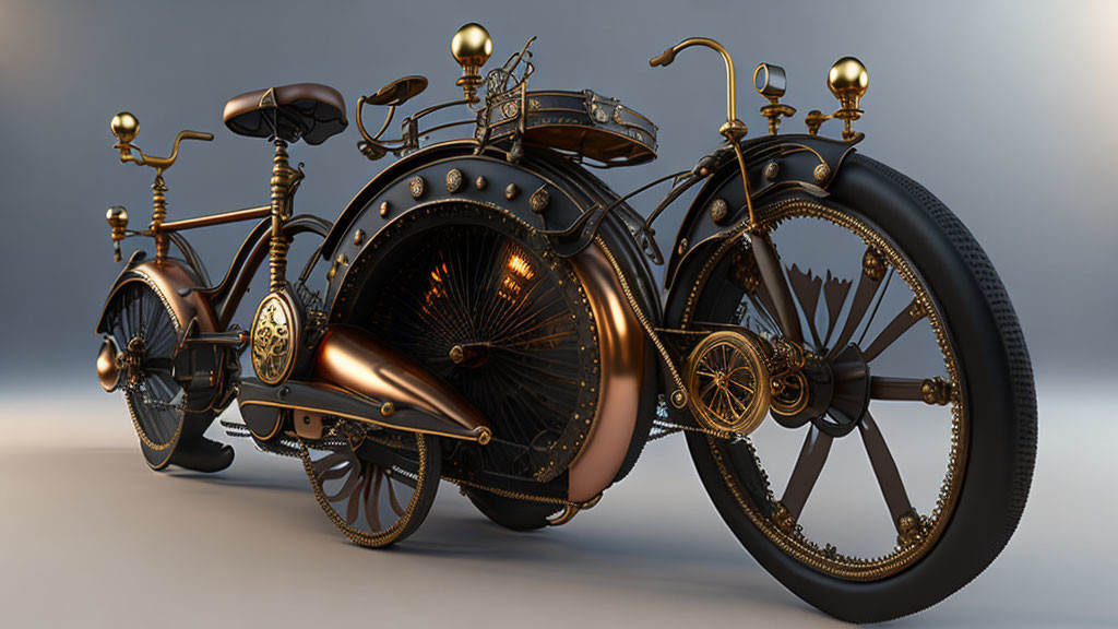 Steampunk-inspired 3D-rendered bicycle with bronze detailing and cogwheel elements