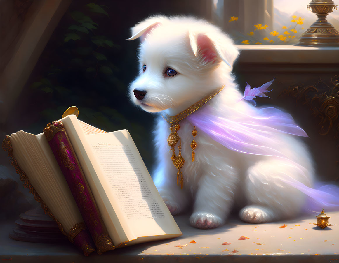 Fluffy white puppy and fairy with golden necklace in sunlit room