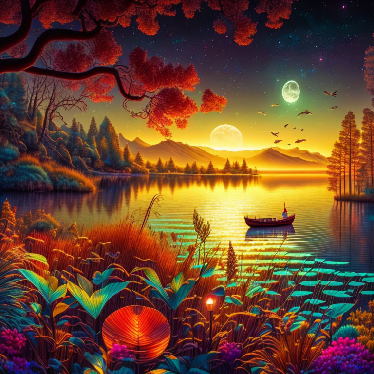 Surreal landscape with calm lake, boat, colorful foliage, two moons, birds, and mountains