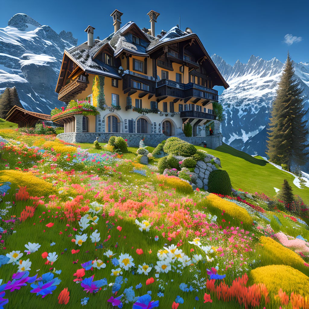 Colorful Flower Garden with Luxurious House and Snowy Mountains