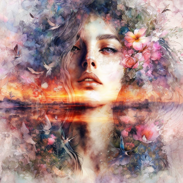 Woman's face blended with colorful flowers and serene sunset in water reflection