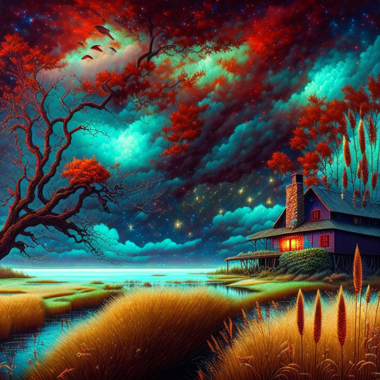 Mystical cottage in vibrant night sky with surreal landscape