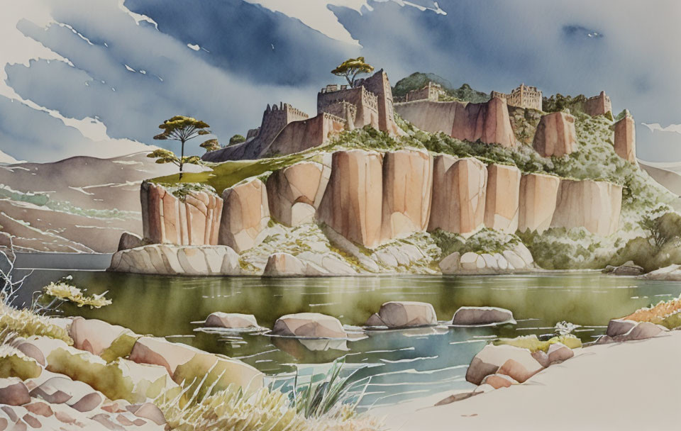 Scenic watercolor: castle on cliff, lake view