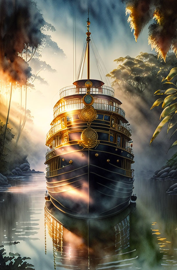 Mystical wooden ship with gold adornments in misty jungle river