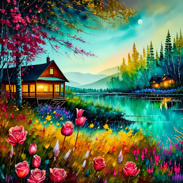 Colorful lakeside cabin painting with wildflowers and mountains at twilight