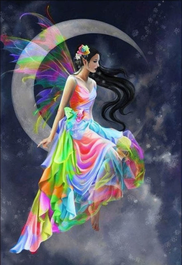 Ethereal woman in multicolored gown on crescent moon under starry sky