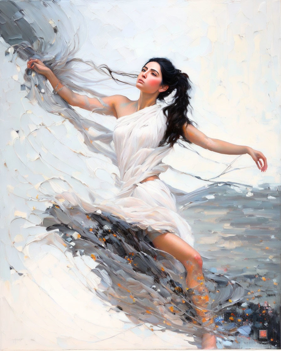 Woman in flowing white attire evokes freedom against textured background