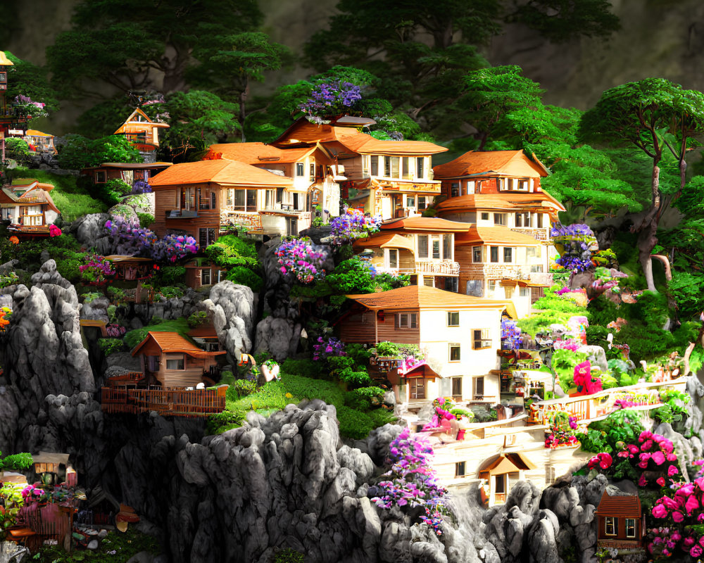 Picturesque village with wooden houses on rocky cliffs and lush greenery