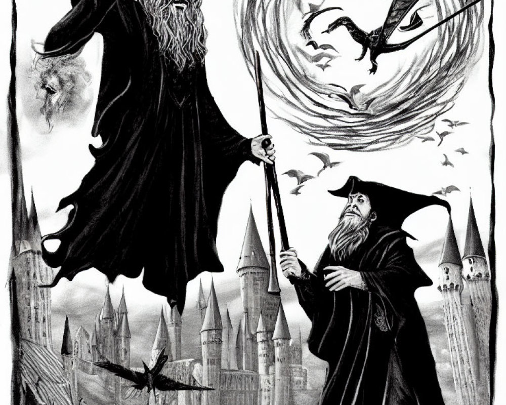 Fantasy artwork of two wizards with wands, castle, clouds, and flying creatures