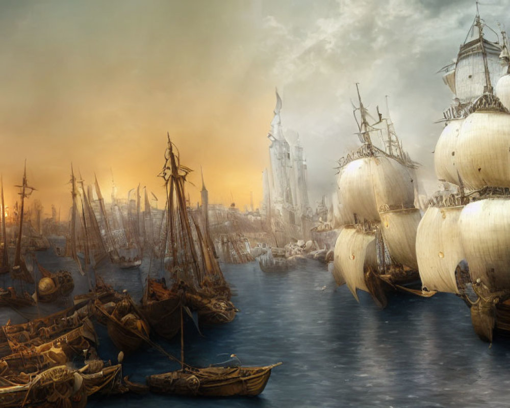 Various sizes of sailing ships at a fantasy-style port with ornate buildings under a golden sky