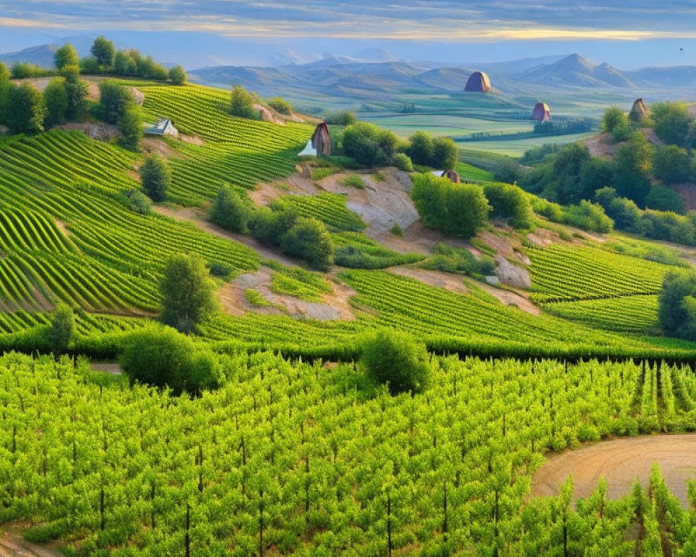 Scenic vineyard landscape with green hills and distant mountains