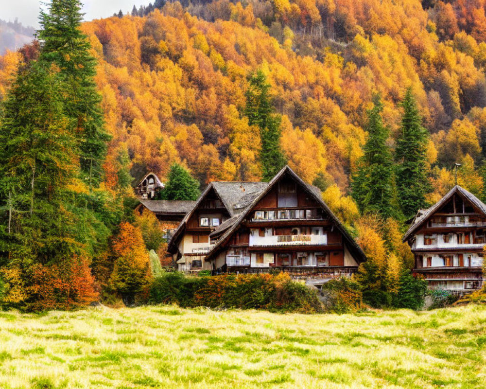 Traditional houses in autumn forest with golden and green trees.