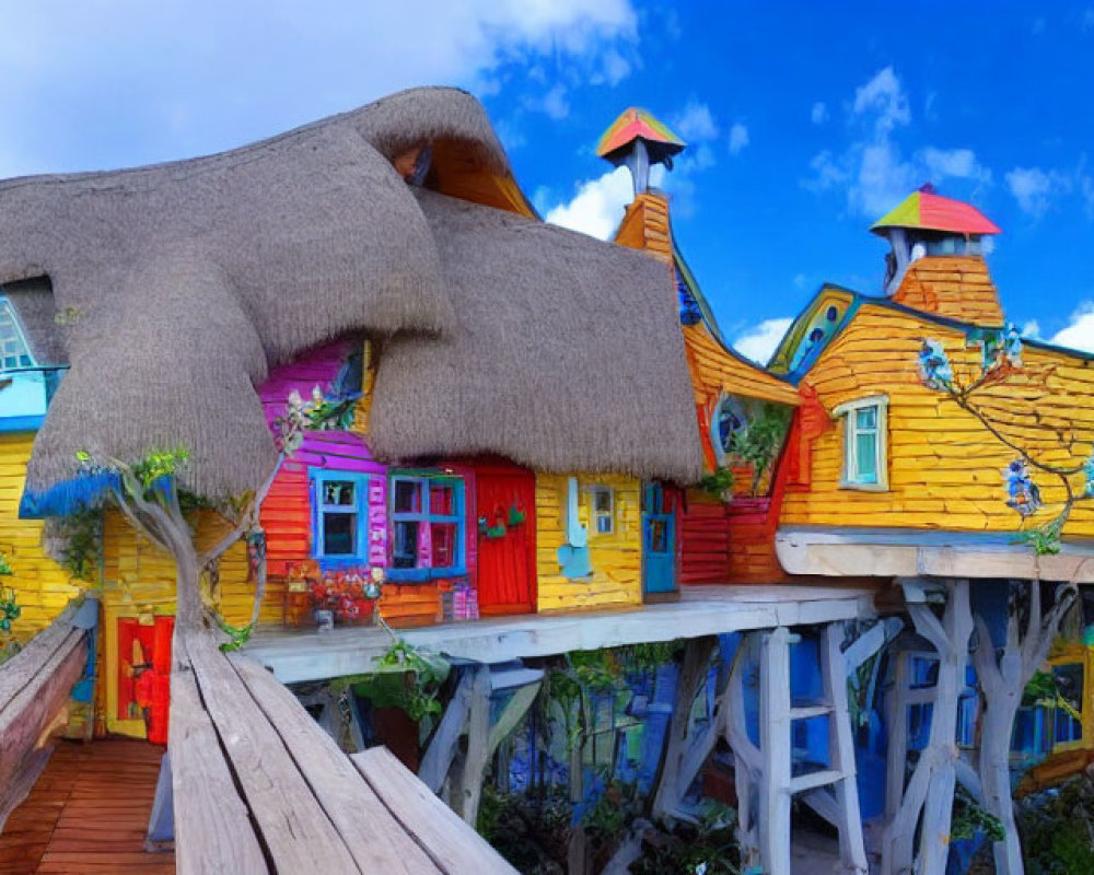 Colorful Thatched Roof House with Turrets and Wooden Bridge