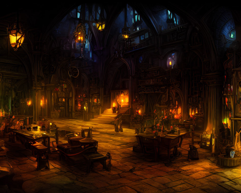 Detailed Fantasy Tavern Interior with Candlelit Tables & Stained Glass Windows