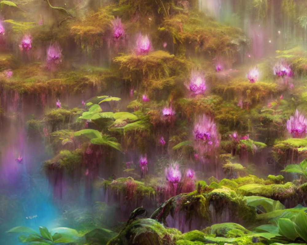 Ethereal forest scene with purple flowers and mysterious blue glow