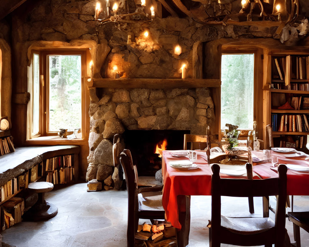 Rustic dining room with stone fireplace, wooden beams, chandeliers, and set table