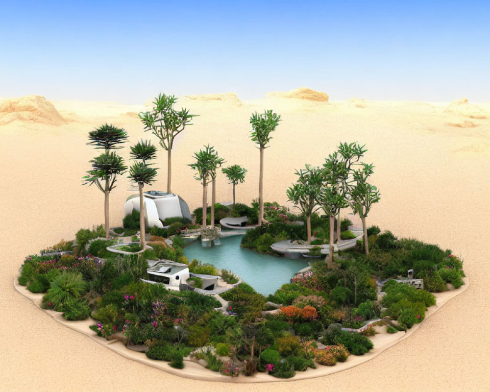 Modern buildings and green oasis in desert landscape