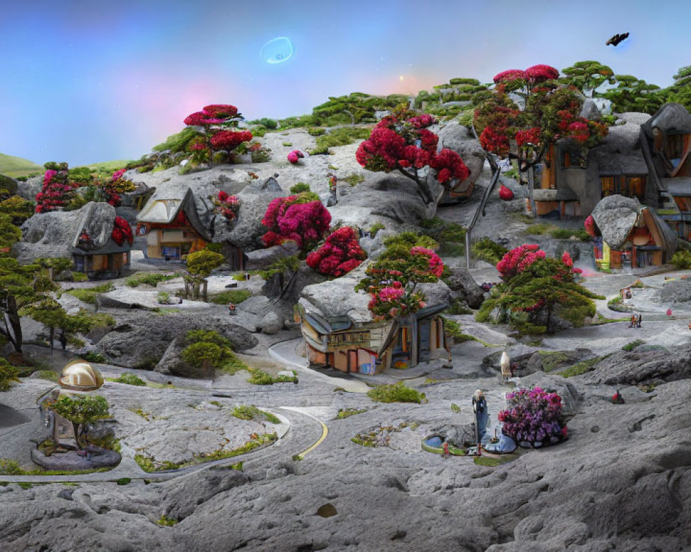 Enchanting village with stone houses and pink foliage under a starry sky