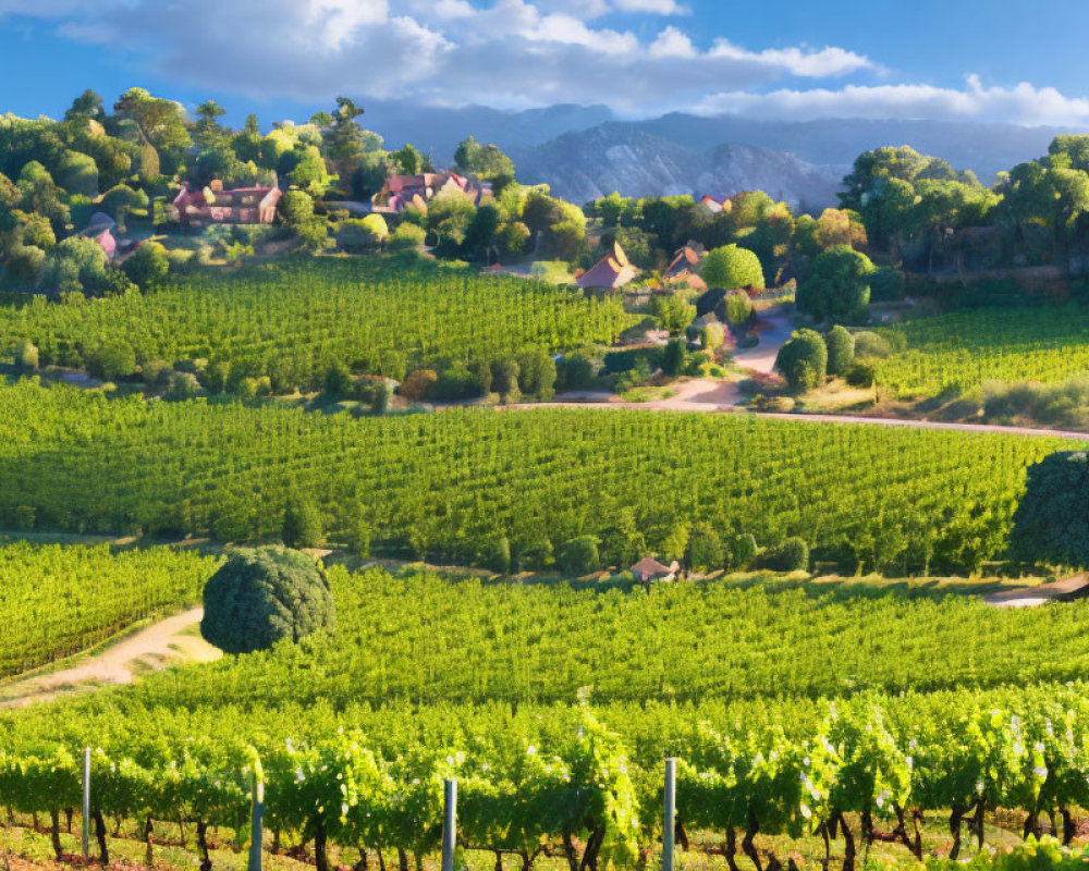 Scenic vineyard landscape with grapevines, village, hills, and clear sky