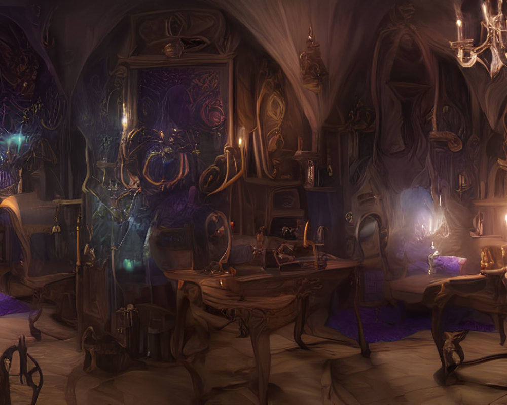 Mystical room with magical artifacts, glowing orbs, books, candles, and ritual table