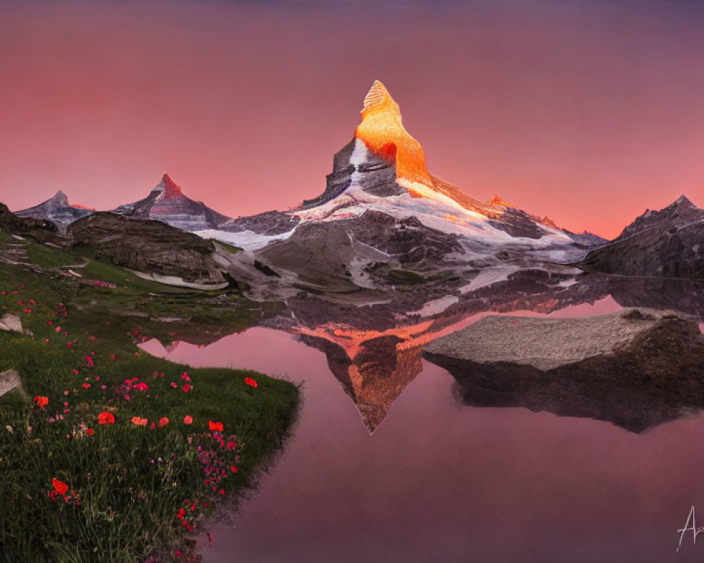 Mountain Peak with Alpenglow, Flower-speckled Foreground, and Calm Lake