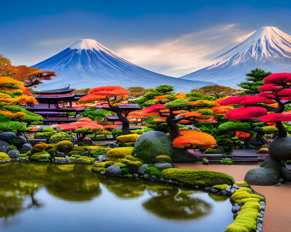 Japanese garden with colorful foliage, tranquil pond, and Mount Fuji twins.