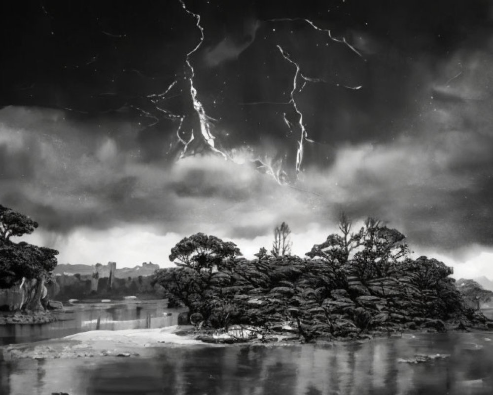 Stormy Black and White Landscape with Lightning over Water and Silhouetted Trees