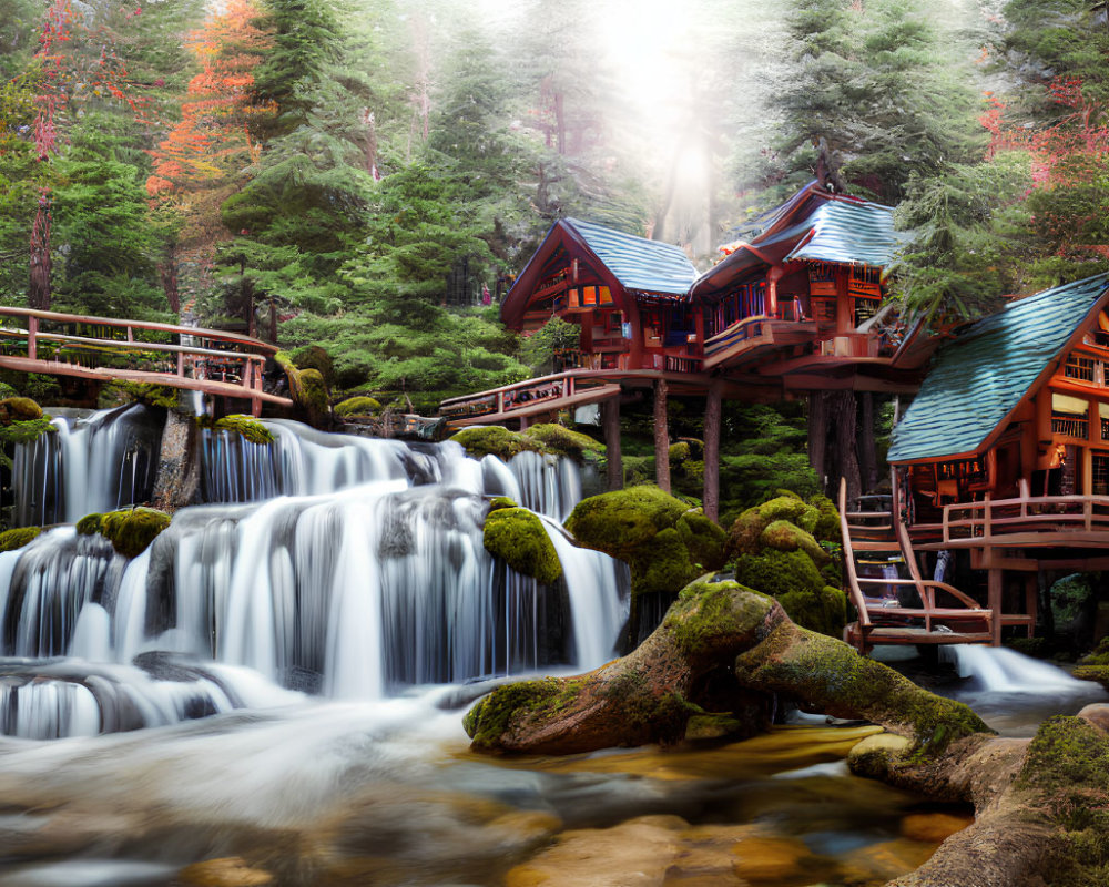 Tranquil waterfall under bridge in misty forest village