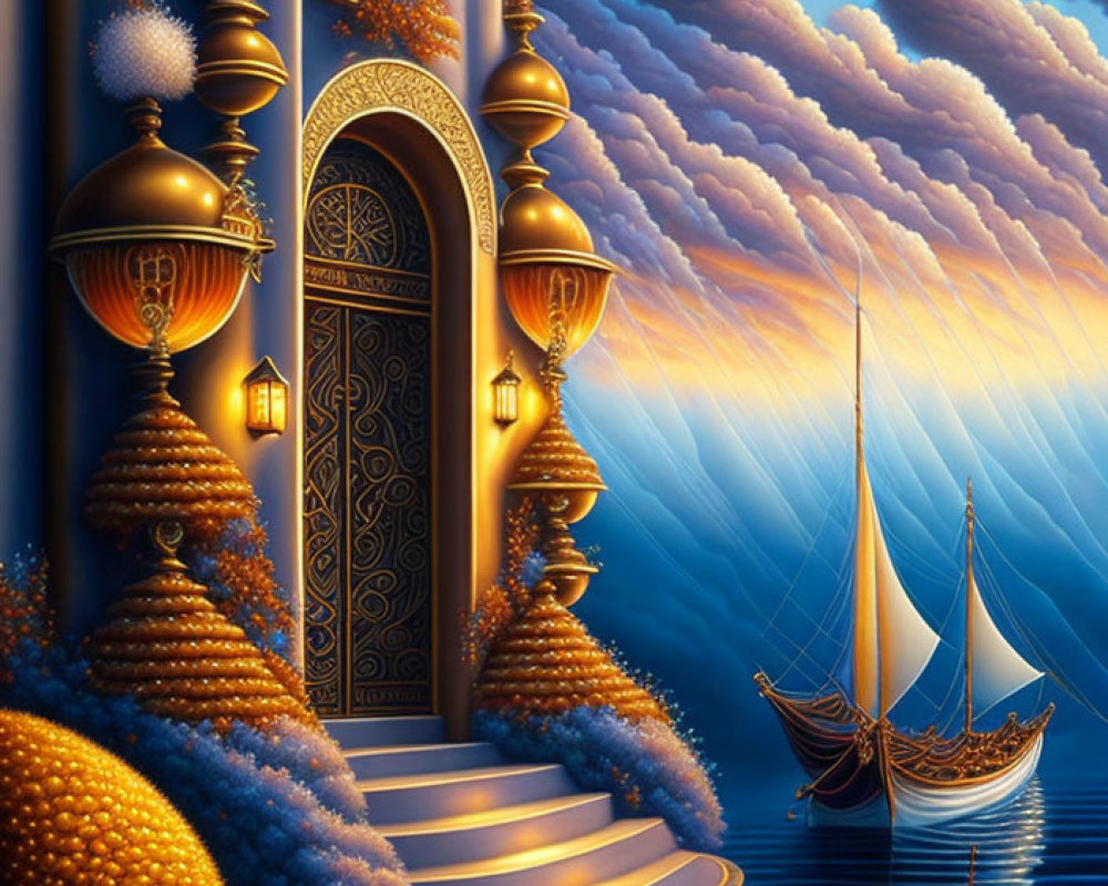 Golden ornate door overlooking sea with sailing boats