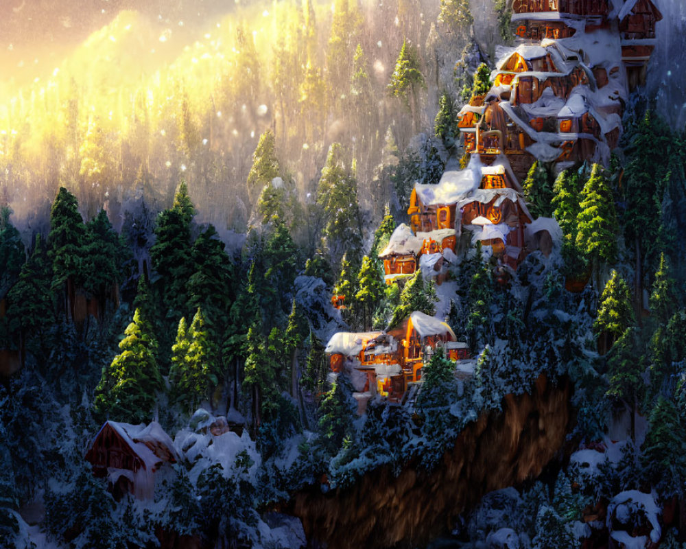 Snow-covered chalets on hillside with river and sunlight rays